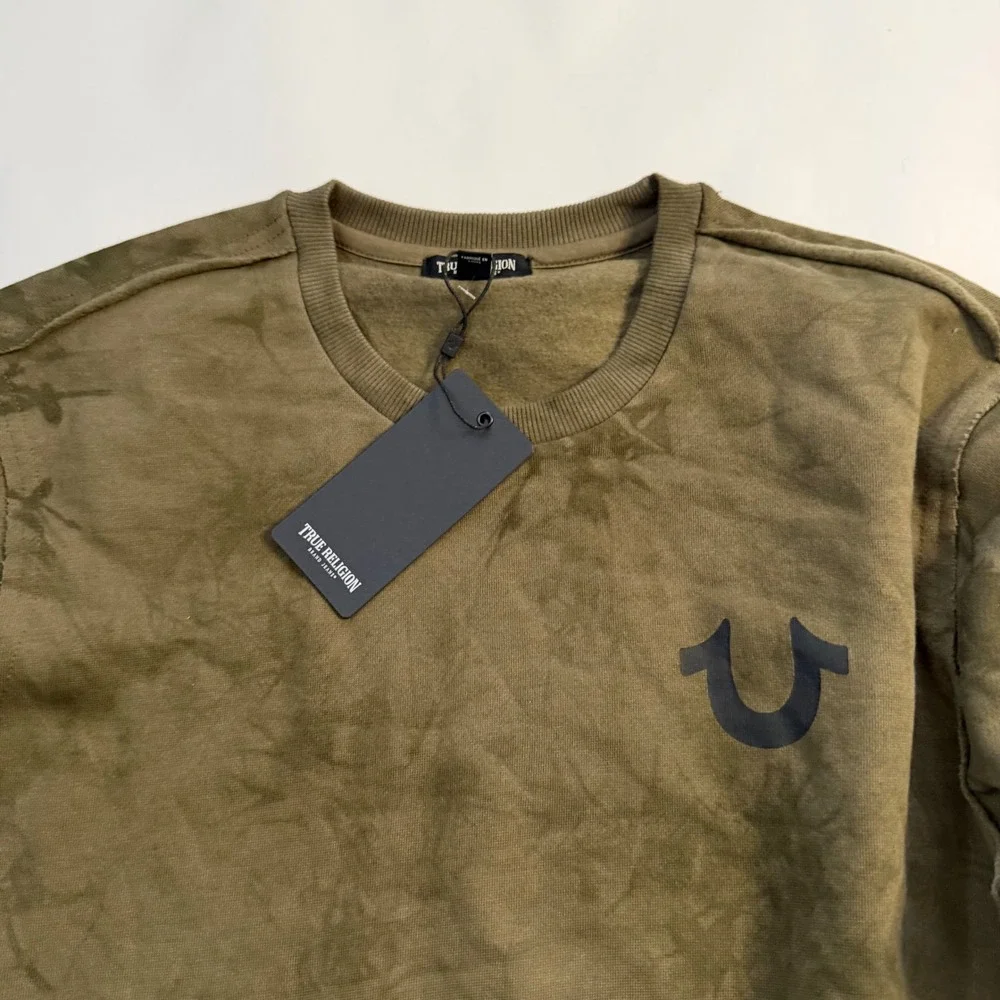 True Religion Men S Camo Green Tie Dye‎ Debossed Rib Pullover Crew Sweatshirt M